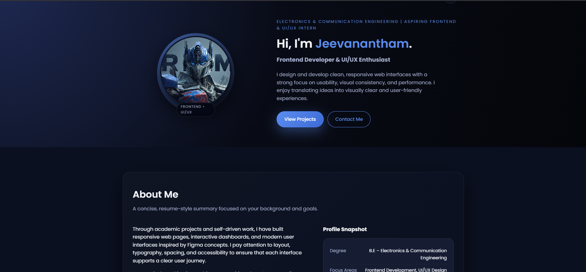 Personal portfolio homepage screenshot